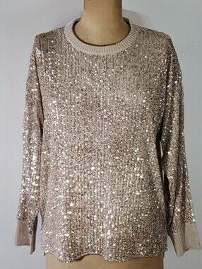 Calvin Klein Size L Sweater Formal Sequin Chiffon Front Knit Beige Long Sleeve